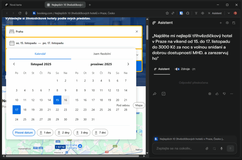 AI Agent Comet v akci, sám prohledává Booking aby nalezl vhodný hotel.