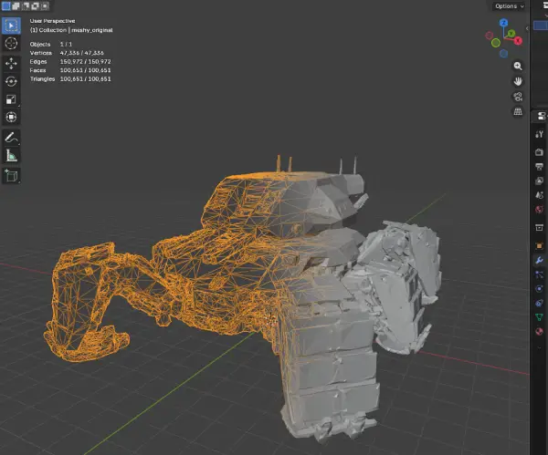 Modifikátor Decimate v Blenderu s hodnotou Ratio a statistikou sítě