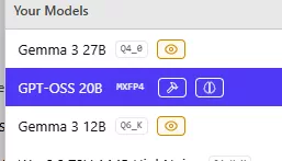 Model GPT-OSS s ikonou kladiva označují možnost využití Tools.