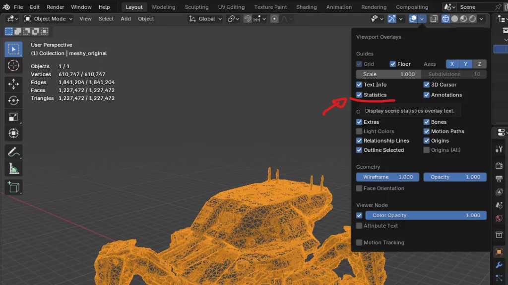 AI 3D model v Blenderu se zobrazenou statistikou sítě