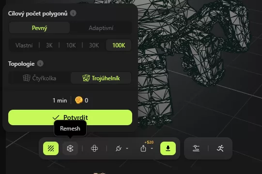 Nastavení Remesh a cílového počtu polygonů v Meshi